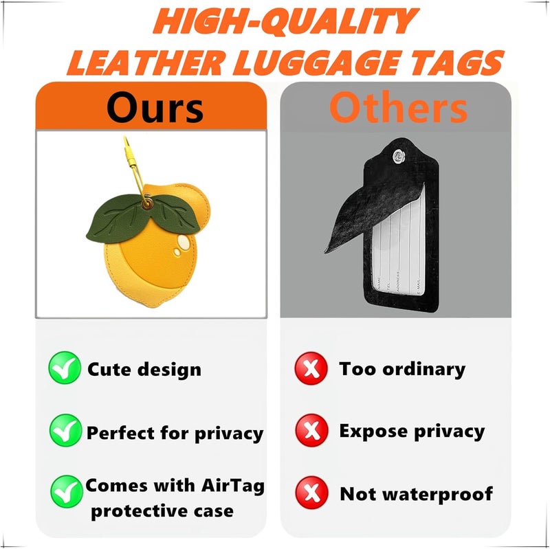 ZOUITY Cute Leather Luggage Tag Holder with Airtag Case Set,Hidden Compartment for AirTag Travel Suitcase Tracking Case with Stainless Steel Loop,Name ID Label(Lemon) - Image 3